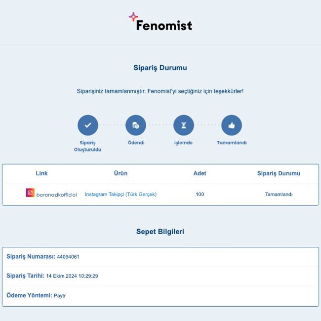 fenomist sipariş kontrol maili